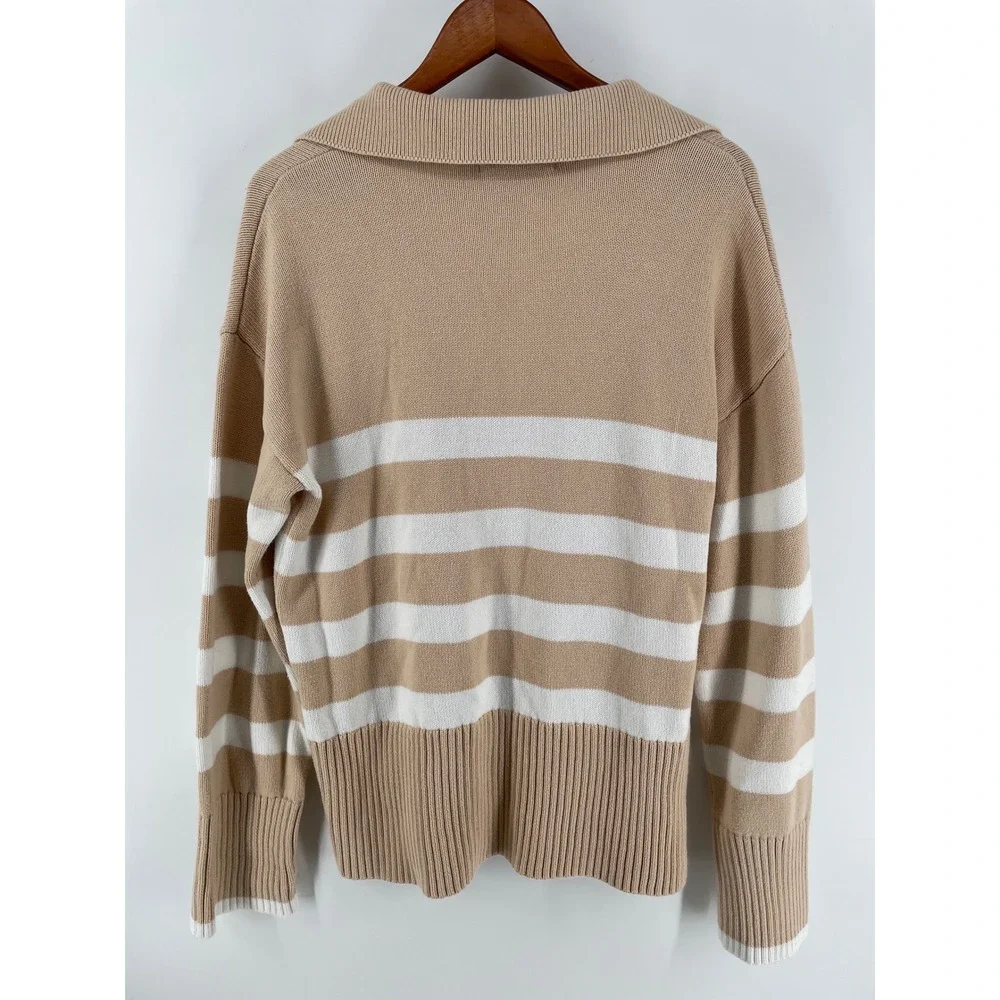 Zesica Nautical Sweater Womens Large‎ Tan White Coastal Preppy Long Sleeve